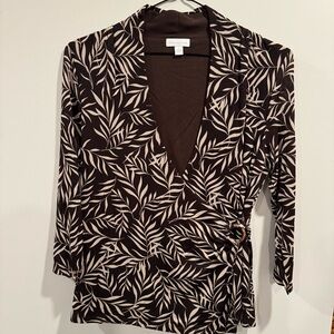 Charter Club Brown and Cream Leaf Print Wrap Top